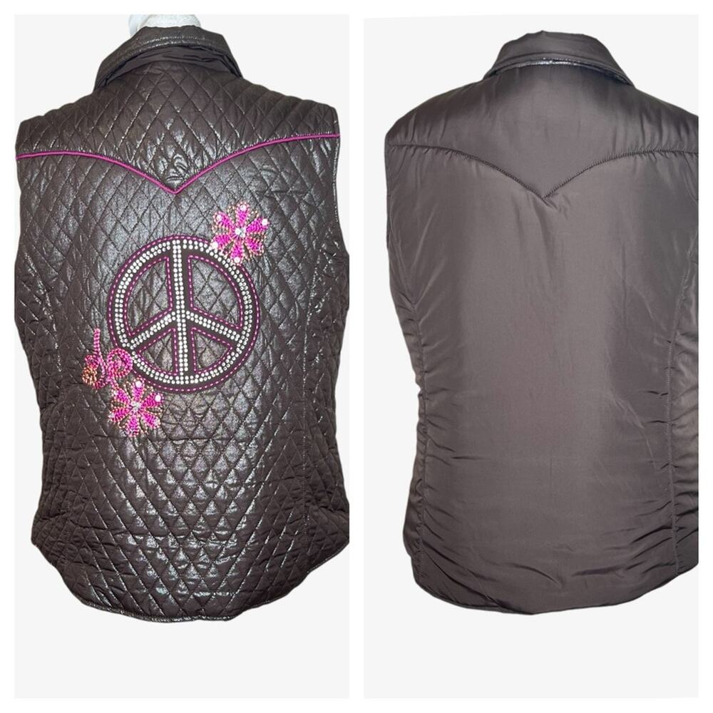 Roper Western Yoke Quilted Vest L Large Brown Pink Rhinestone Peace Reversible